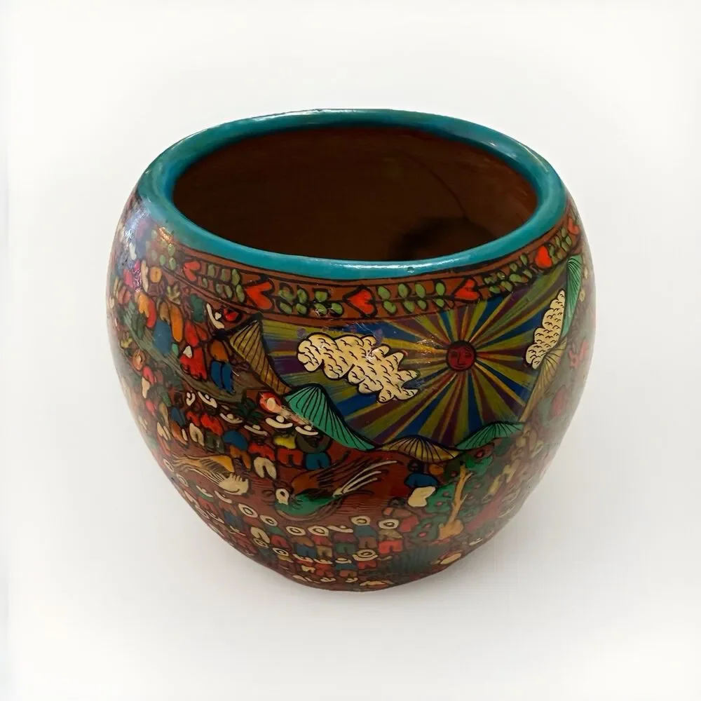VTG Signed Mexico Folk Art Pottery Planter Story Circle of Life Sculpture Mural